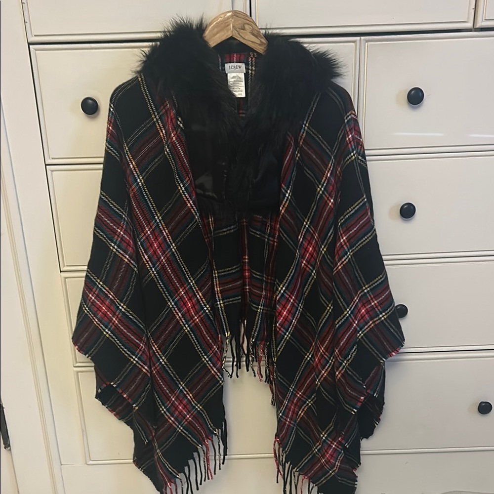 Elegant Black and Red Plaid Cape with Faux Fur Trim